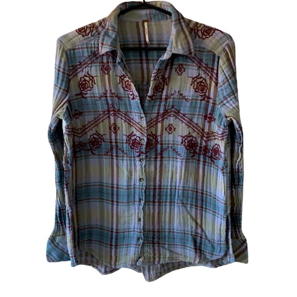 Free People Tops - Free People Blue Plaid Embroidered Button Front Shirt